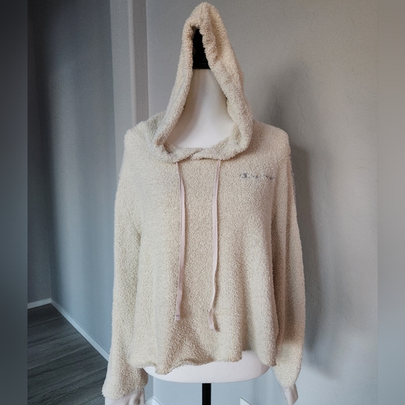 Champion Cream Teddy Fleece Semi Cropped Hoodie Sweater Long Sleeve Stripe Sz XL - Picture 1 of 12